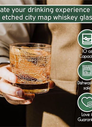 Greenline Goods Whiskey Glasses - 10 Oz Tumbler Set for Cincinnati lovers, Etched with Cincinnati City Map Old Fashioned Rocks Glass - Set of 2