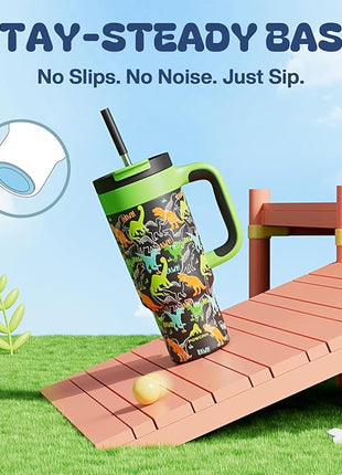 24 oz Kids Tumbler with Straw for Boys: Leakproof, Cold for 26 Hrs, Hot for 10 Hrs, Durable Handle, Insulated Stainless Steel Cup for Daycare, School, Classroom, Playtime, Birthday, Gift (Dino Rawr）