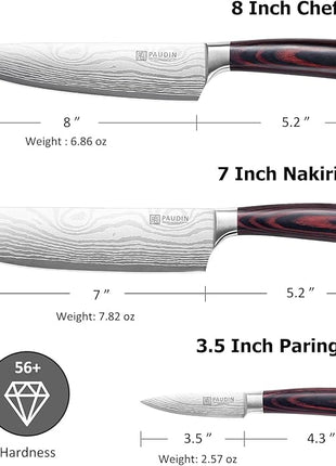 PAUDIN Kitchen Knife Set, 3 Piece High Carbon Stainless Steel Professional Chef Knife Set with Ultra Sharp Blade & Wooden Handle (Kitchen Knife Set 3 Pcs)