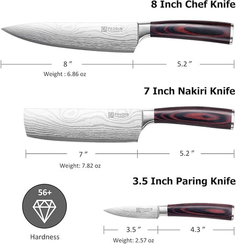PAUDIN Kitchen Knife Set, 3 Piece High Carbon Stainless Steel Professional Chef Knife Set with Ultra Sharp Blade & Wooden Handle (Kitchen Knife Set 3 Pcs)