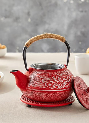 Juvale Japanese Cast Iron Teapot with Infuser - Red, 27 oz (800 ml), 3-Pc Teapot Set - Stovetop Kettle for Loose Leaf Brewing - Removable Stainless Steel Infuser & Trivet Included