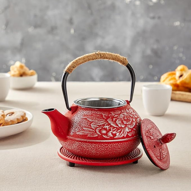 Juvale Japanese Cast Iron Teapot with Infuser - Red, 27 oz (800 ml), 3-Pc Teapot Set - Stovetop Kettle for Loose Leaf Brewing - Removable Stainless Steel Infuser & Trivet Included