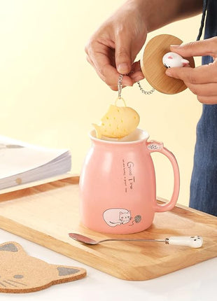 BigNoseDeer Kawaii Tea Cup with Infuser Cute Cat Mug Ceramic Coffee Mug Tea Mug Pink Cute Cool Preppy Stuff Gifts for Women Cat lover Gifts 13oz