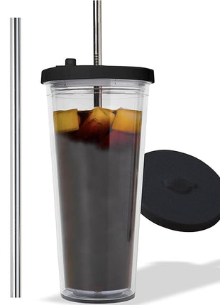 Reusable Iced Coffee Cup (24 Oz/Venti), Leak Proof and Double Wall Insulated Iced Coffee Tumbler, Come with Reusable Plastic and Metal Straws and Straw Cleaner - Black