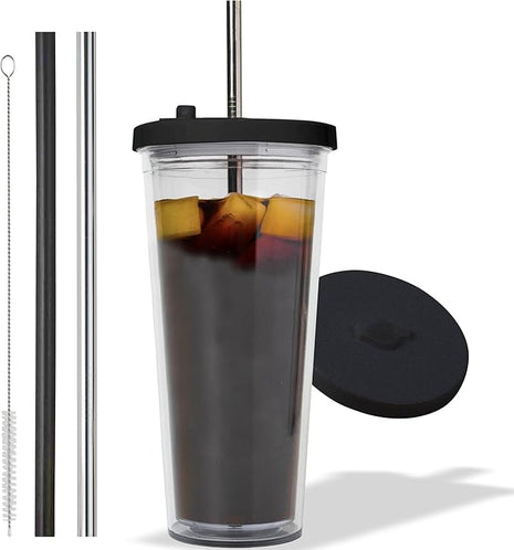 Reusable Iced Coffee Cup (24 Oz/Venti), Leak Proof and Double Wall Insulated Iced Coffee Tumbler, Come with Reusable Plastic and Metal Straws and Straw Cleaner - Black