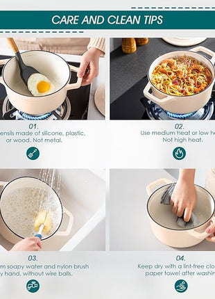 vancasso 2.5 QT Enameled Cast Iron Dutch Oven with Stainless Steel Knob Lid – Small Non-Stick Casserole for Steaming, Baking, and Roasting – Cream Color