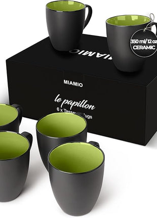 MIAMIO - Set of 6 Stoneware Coffee Mugs 12 Ounce/Cup Set - Le Papillon Collection (Black-Green)