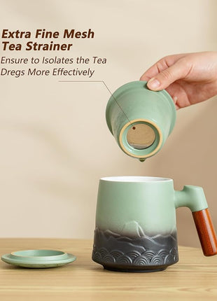 ZENS Tea Mug with Infuser and Lid for Loose Leaf Tea Steeper, 16.9 oz Embossed Ceramic Tea Cup with Fine Strainersand Wood Handle, Diffusers Accessories for Tea Lovers Gifts