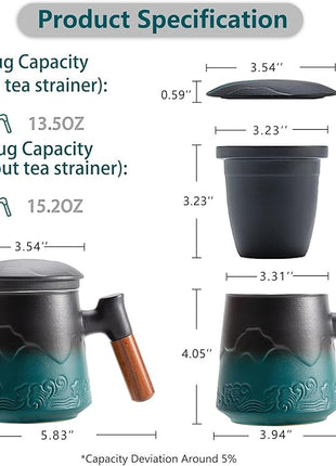 ZENS Tea Cup With Infuser and Lid for Loose Leaf Steeper, 15.2 oz Embossed Ceramic Mug With Fine Strainers, Wood Handle Large Diffusers, Accessories for Tea Lovers Gifts