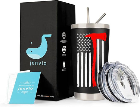 Firefighter Gifts for Men | Stainless Steel Travel Tumbler/Mug with Lid for Coffee Cup| Thin Red Line Flag Design for Fireman | Fire Department | First Responder Valentine's Day Gift (20oz Black)