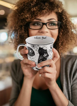 Karma Gifts 16 oz Black and White Boho Mug Cat - Cute Coffee and Tea Mug - Ceramic Coffee Mugs for Women and Men