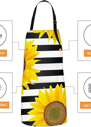 Britimes Apron Home Kitchen Cooking Baking Gardening for Women Men with Pockets Sunflowers Striped Black White Flower 32x28 inch