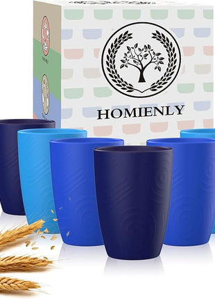 Homienly Glasses Drinking Set Premium Wheat Straw Cups Set of 6 Alternative to Plastic Cups Unbreakable Water Tumblers Reusable Cups for Kitchen Dishwasher Safe Water Glasses(12 OZ Blue Sky)