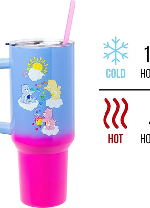 Silver Buffalo Care Bears Ombre Stainless Steel Travel Tumbler With Handle, Lid, and Reusable Straw | Holds 40 Ounces