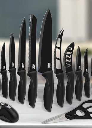 LDC Kitchen Black Knife Set - Stainless Steel, Dishwasher Safe Ergonomic Knives Set with Anti-Slip Handles - Ultra-Sharp Blades - Kitchen Essential Knives - 15 Piece Set