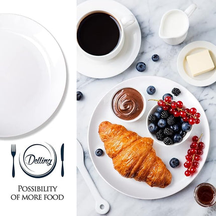 DELLING 10 inch White Dinner Plates Set, Porcelain Dessert/Salad Plate, Serving Dishes, Dinnerware Sets, Scratch Resistant, Lead-Free, Microwave, Oven, and Dishwasher Safe - Set of 4