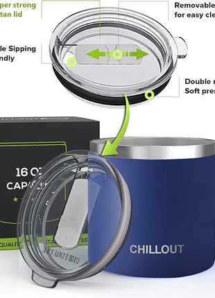 CHILLOUT LIFE Stainless Steel 16 oz Vacuum Insulated Coffee Mug with Handle and Lid, Large Thermal Camping Coffee Mug Cup with Durable Sliding Top for Men & Women - Keeps Beverages Hot/Cold
