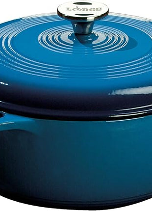 Lodge 6 Quart Enameled Cast Iron Dutch Oven with Lid – Dual Handles – Oven Safe up to 500° F or on Stovetop - Use to Marinate, Cook, Bake, Refrigerate and Serve – Blue