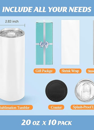 Joyclub Sublimation Tumblers 20 oz 10 Pack Flat Bottom Sublimation Blanks Bulk Stainless Steel Insulated Skinny Straight Cups with Lid and Straw, Gift Box