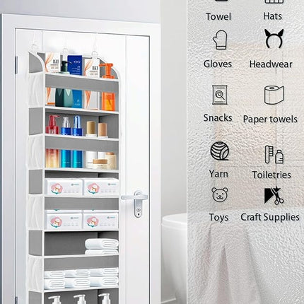 1 Pack Over The Door Storage Organizer with 5 Pockets 10 Mesh Side Pockets, 44 lbs Weight Capacity Door Hanging Organizers and Storage for Bedroom,Bathroom,Nursery,Pantry,Dorm(Light Gray)