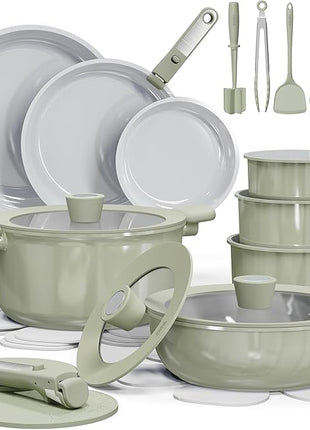 CAROTE 27pcs Ceramic Cookware Set Nonstick, Pots and Pans Set Non stick, Non Toxic Cookware, Dishwasher/Oven Safe, RV/Camping Cookware Set, Pan and Pot with Kitchen Utensils, Green