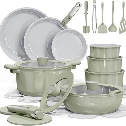 CAROTE 27pcs Ceramic Cookware Set Nonstick, Pots and Pans Set Non stick, Non Toxic Cookware, Dishwasher/Oven Safe, RV/Camping Cookware Set, Pan and Pot with Kitchen Utensils, Green