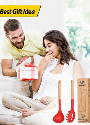 Silicone Pasta Fork and Ladle Spoon Set with Wooden Handle, Heat Resistant Non Stick Kitchen Utensils for Cooking, Stirring, Serving Spaghetti, Soup, Sauce(RED)