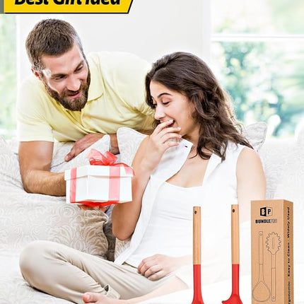 Silicone Pasta Fork and Ladle Spoon Set with Wooden Handle, Heat Resistant Non Stick Kitchen Utensils for Cooking, Stirring, Serving Spaghetti, Soup, Sauce(RED)
