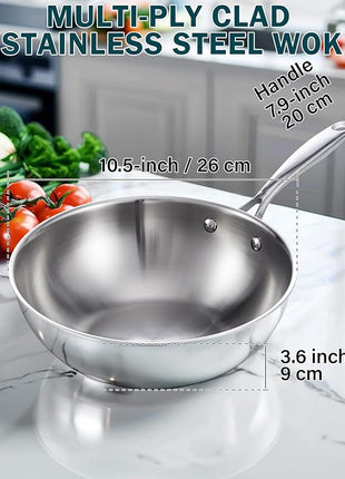 Cooks Standard Multi-Ply Clad Stainless Steel Wok Stir Fry Pan, 10.5 inch Induction Wok with Lid, Flat Bottom Wok, Silver