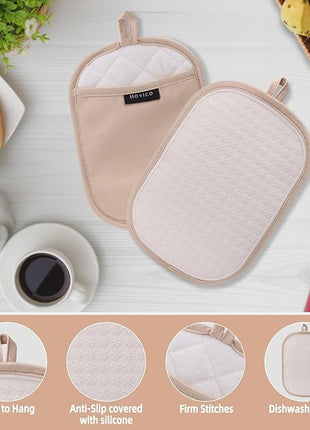 Hovico 2PCS Silicone Pot Holders, Oven Mitts Heat Resistant Hot Pads with Pockets, Non Slip Pot Holder for Kitchen Baking and Cooking| 9.8 x 7 Inches | Towel Cloth Interior Lining - Milkshake