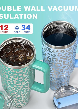 40 oz Tumbler with Handle and Straw, 100% Leak-Proof Travel Mug, Stainless Steel Double Wall Vacuum Insulated Coffee Cup Keeps Cold For 34 Hours, Dishwasher Safe, Hawkes Blue Leopard