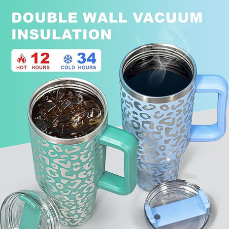 40 oz Tumbler with Handle and Straw, 100% Leak-Proof Travel Mug, Stainless Steel Double Wall Vacuum Insulated Coffee Cup Keeps Cold For 34 Hours, Dishwasher Safe, Lavender Rose Leopard