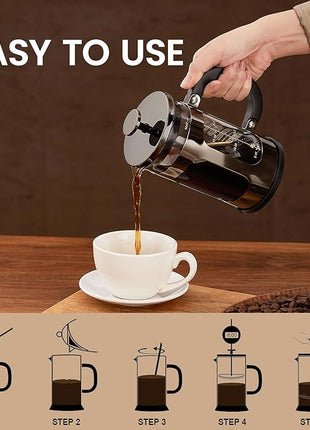 BAYKA 21 Ounce 0.6 Liter French Press Coffee Tea Maker Small, Heat Resistant Thickened Borosilicate Glass Stainless Steel Single Serve Brewer, Cold Brew Cafetera Teapot, Dark Pewter