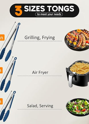 Kitchen Tongs, Set of 3 Stainless Steel Tongs with Silicone Tips Locking Cooking Tongs 600ºF Heat Resistant Tong for Cooking BBQ Grilling Air Fryer Serving Food Salads, 7"+9"+12" Classic Blue