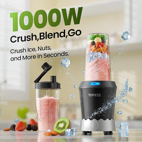 TOPZEE Personal Smoothie Blender - 1000W Single Serve Smoothie Maker with 24oz Portable Travel Cups, Ideal for Protein Shakes, Frozen Drinks, and Kitchen Use