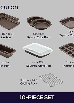 Circulon Nonstick Bakeware Set with Nonstick Bread Pan, Baking Pans, Baking Sheets, Cookie Sheets, Cake Pan and Muffin Pan / Cupcake Pan - 10 Piece, Chocolate Brown