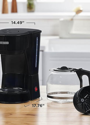 BLACK+DECKER 12-Cup Coffee Maker with Easy On/Off Switch, Easy Pour, Non-Drip Carafe with Removable Filter Basket, Vortex Technology, Black