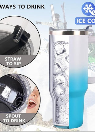 SYACOT 40 oz Tumbler with Handle and Straw Stainless Steel Insulated Tumbler Leak Proof Lid and Straw Lid Reusable Travel Mug Coffee Mug Cup Dishwasher Safe Keep Drinks Cold and Hot (White Blue)