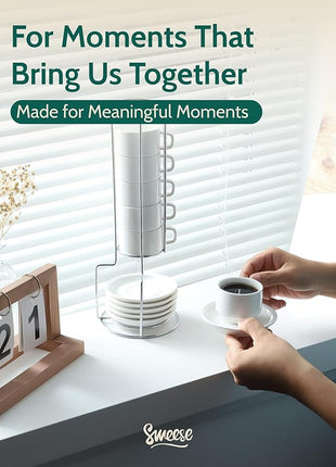 Sweese 2.5 Ounce Porcelain Stackable Espresso Cups with Saucers and Metal Stand Set of 4, White