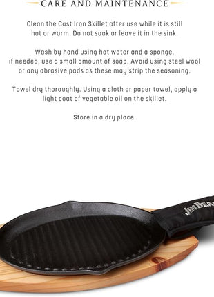 Jim Beam JB0159, Heavy Duty Construction, Pre Seasoned Cast Iron Skillet with Wooden Base and Mitt, Black,Small