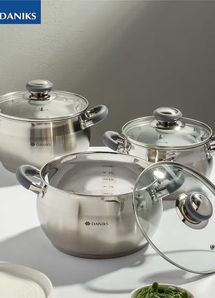 Daniks Modern 6-Piece Stainless Steel Induction Cookware Set – Dishwasher Safe Pots with Heatproof Handles, Glass Lids, Silver