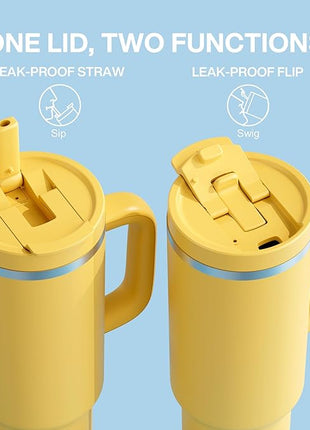ENCOOL 40 oz Tumbler with Handle and Straw: Stainless Steel Insulated Tumbler Keeps Cold for 24 Hours, Leakproof Travel Cup Fits in Cup Holder and BPA-Free,Elfin Yellow