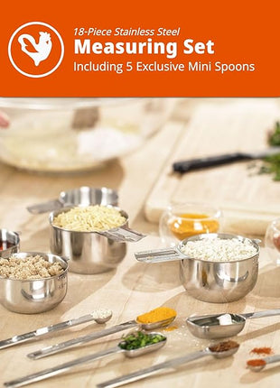Heavy-Duty 304 Stainless Steel Measuring Cup Set (18-Piece) - Stackable, Dual Metric/US, Long & Narrow Spoons for Spice Jars + 5 Mini Spoons