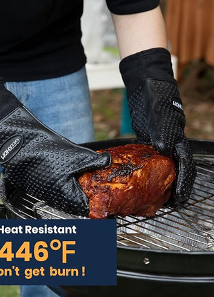 GEEKHOM BBQ Gloves X-Large, Heat Resistant Kitchen Silicone Oven Mitts, Waterproof Oven Gloves, BBQ Grill Accessories for Baking, Fryer, Smoker, Weber, Pizza, Microwave, Non-Slip, Black