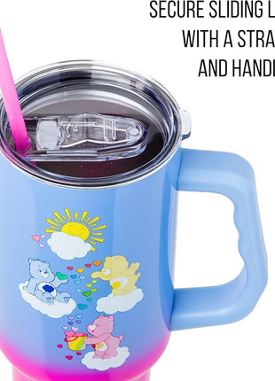 Silver Buffalo Care Bears Ombre Stainless Steel Travel Tumbler With Handle, Lid, and Reusable Straw | Holds 40 Ounces