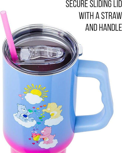 Silver Buffalo Care Bears Ombre Stainless Steel Travel Tumbler With Handle, Lid, and Reusable Straw | Holds 40 Ounces