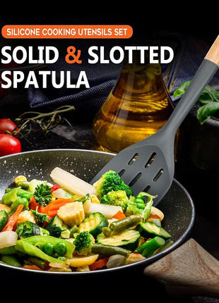 Pack of 2 Silicone Spatula, Non Stick Cooking Utensil Set Wooden Handle Kitchen Turner for Baking Mixing Grilling Serving Food Heat Resistant Non Scratch Hooks Included (Grey)