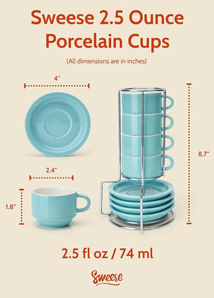 Sweese 2.5 Ounce Porcelain Stackable Espresso Cups with Saucers and Metal Stand Set of 4, Turquoise