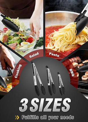 Walfos Kitchen Tongs - Heat Resistant Cooking Tongs Set of 3, Stainless Steel and BPA Free Silicone Tips, Great for Cooking, Grilling, Turning, 7" 9" and 12" (3 black silicone tongs)