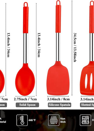 Silicone Spatula Spoon Set, 4 PCS Silicone Cooking Utensils Spatula Spoon Set with Stainless Steel Handle, BPA Free Kitchen Turners for Frying, Mixing, Serving, Draining, Turning, Stirring, Red